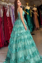 Stylish Long Green A-line Spaghetti Straps Sequined Lace Prom Dress by misshow.com