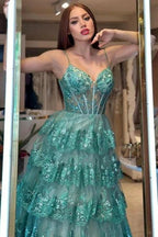 Stylish Long Green A-line Spaghetti Straps Sequined Lace Prom Dress by misshow.com