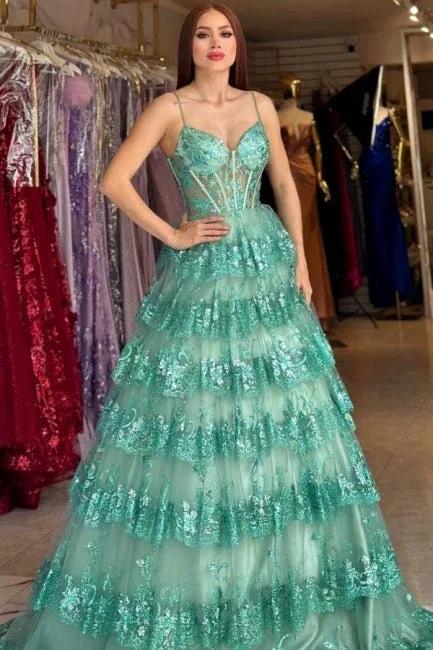 Stylish Long Green A-line Spaghetti Straps Sequined Lace Prom Dress by misshow.com
