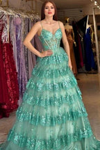 Stylish Long Green A-line Spaghetti Straps Sequined Lace Prom Dress by misshow.com