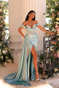 Stylish Long Mermaid Off-the-shoulder V-neck Lace Rhinestones Prom Dress with Slit by misshow.com