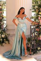 Stylish Long Mermaid Off-the-shoulder V-neck Lace Rhinestones Prom Dress with Slit by misshow.com
