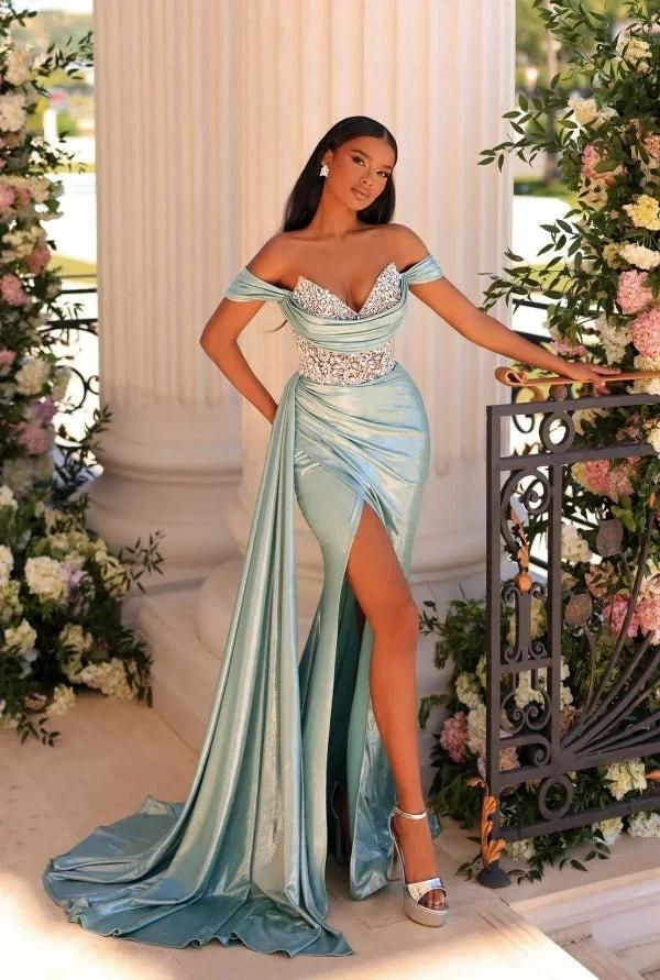 Stylish Long Mermaid Off-the-shoulder V-neck Lace Rhinestones Prom Dress with Slit by misshow.com
