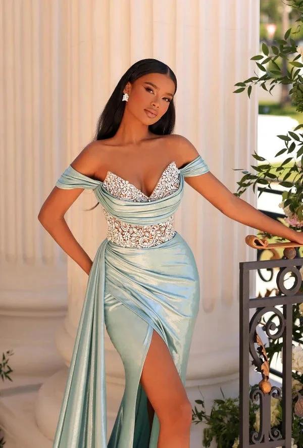 Stylish Long Mermaid Off-the-shoulder V-neck Lace Rhinestones Prom Dress with Slit by misshow.com