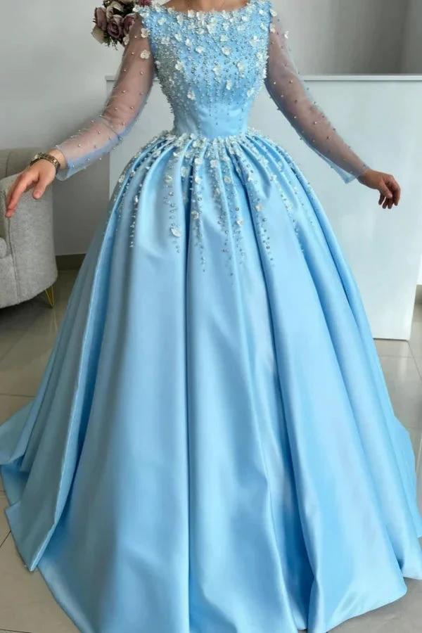 Stylish Long Sky Blue A-line Satin Rhinestones Prom Dress with Long Sleeves by misshow.com
