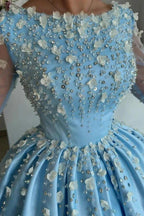 Stylish Long Sky Blue A-line Satin Rhinestones Prom Dress with Long Sleeves by misshow.com
