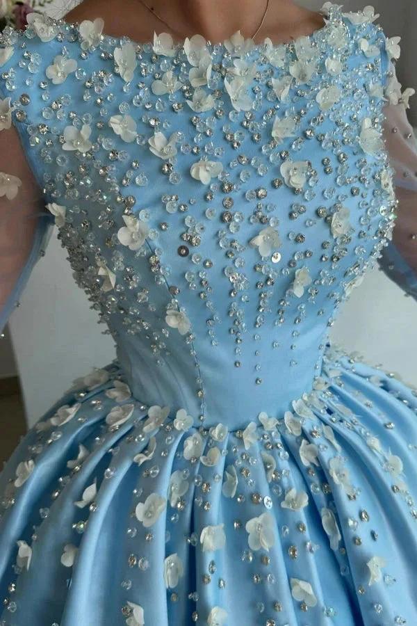 Stylish Long Sky Blue A-line Satin Rhinestones Prom Dress with Long Sleeves by misshow.com