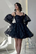 Stylish Short Black Lace Homecoming Dresses with Glitter by misshow.com