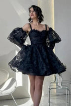 Stylish Short Black Lace Homecoming Dresses with Glitter by misshow.com