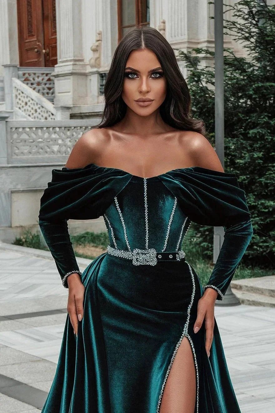 Stylish Split Front Off-the-shoulder Prom Dress With Train by misshow.com