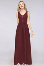 Stylish V-Neck aline Evening Maxi Gown Chiffon Sleeveless Bridesmaid Dress Burgundy by misshow.com