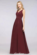 Stylish V-Neck aline Evening Maxi Gown Chiffon Sleeveless Bridesmaid Dress Burgundy by misshow.com
