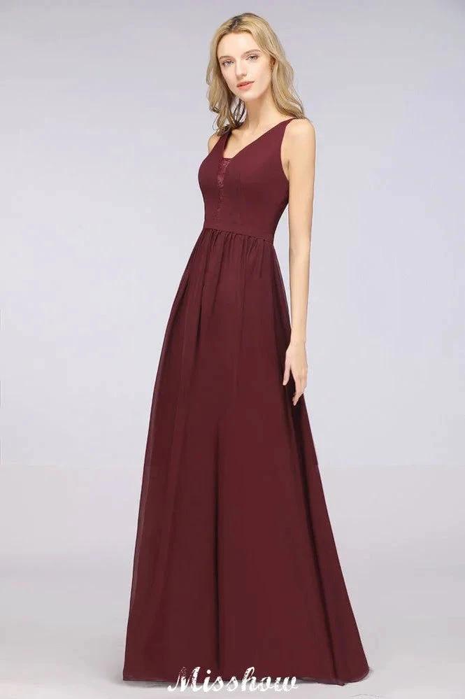 Stylish V-Neck aline Evening Maxi Gown Chiffon Sleeveless Bridesmaid Dress Burgundy by misshow.com