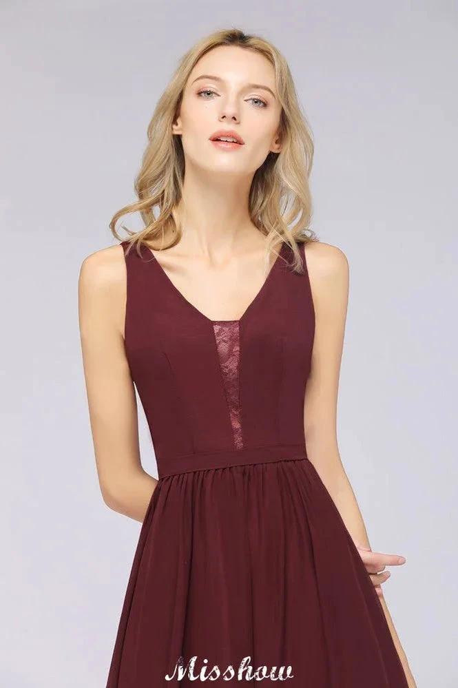 Stylish V-Neck aline Evening Maxi Gown Chiffon Sleeveless Bridesmaid Dress Burgundy by misshow.com