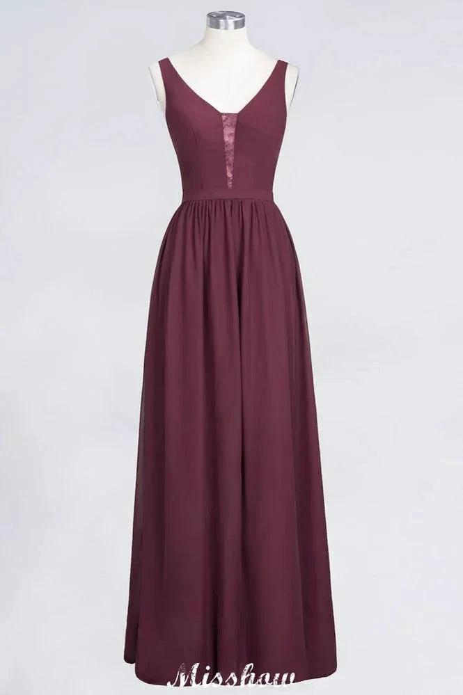 Stylish V-Neck aline Evening Maxi Gown Chiffon Sleeveless Bridesmaid Dress Burgundy by misshow.com