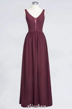 Stylish V-Neck aline Evening Maxi Gown Chiffon Sleeveless Bridesmaid Dress Burgundy by misshow.com
