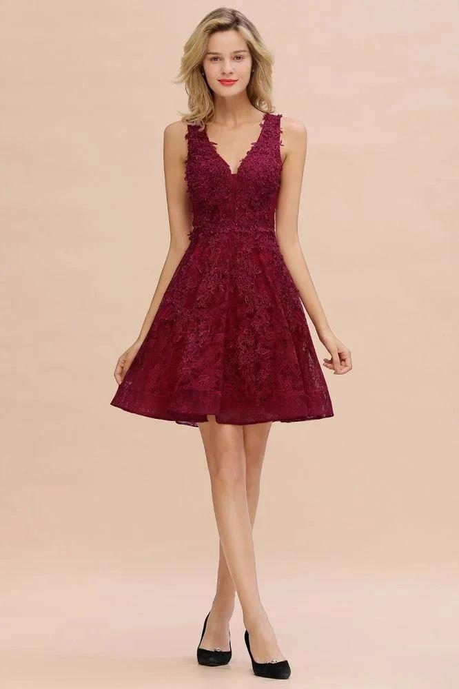 Stylish V-Neck Floral Appliques Homecoming Dress Knee-Length Sleeveless Party Dress by misshow.com