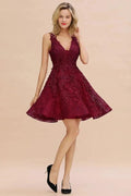 Stylish V-Neck Floral Appliques Homecoming Dress Knee-Length Sleeveless Party Dress by misshow.com