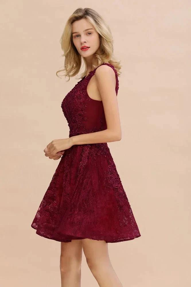 Stylish V-Neck Floral Appliques Homecoming Dress Knee-Length Sleeveless Party Dress by misshow.com