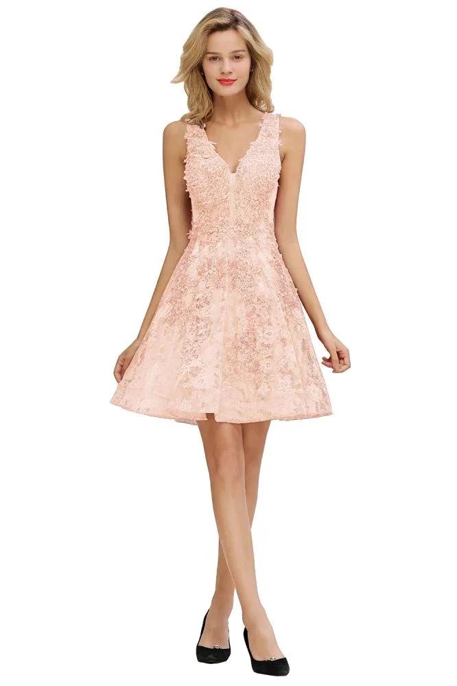 Stylish V-Neck Floral Appliques Homecoming Dress Knee-Length Sleeveless Party Dress by misshow.com