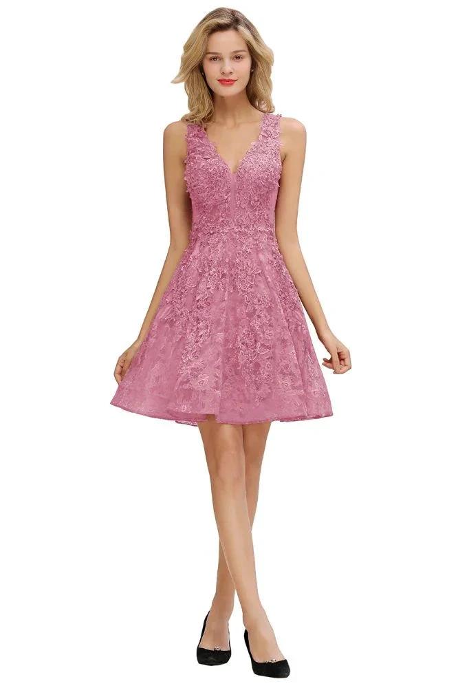 Stylish V-Neck Floral Appliques Homecoming Dress Knee-Length Sleeveless Party Dress by misshow.com