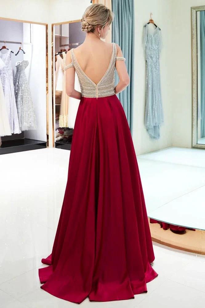 Stylish V-neck Sleeveless Burgundy Crystal Beading A-line Evening Dress by misshow.com