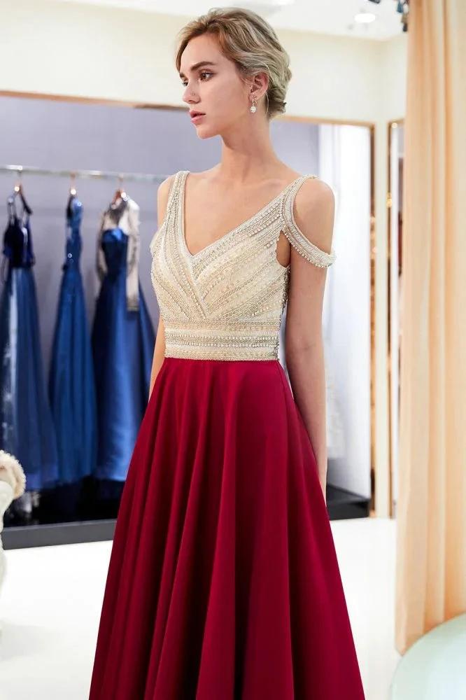 Stylish V-neck Sleeveless Burgundy Crystal Beading A-line Evening Dress by misshow.com