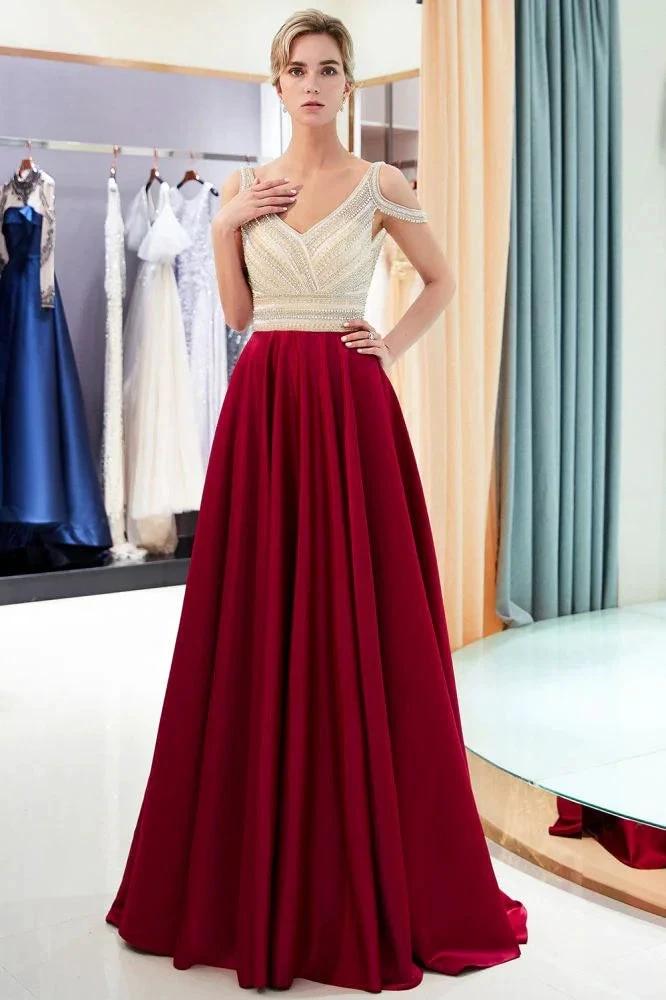 Stylish V-neck Sleeveless Burgundy Crystal Beading A-line Evening Dress by misshow.com