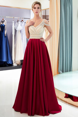 Stylish V-neck Sleeveless Burgundy Crystal Beading A-line Evening Dress