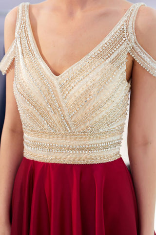 Stylish V-neck Sleeveless Burgundy Crystal Beading A-line Evening Dress