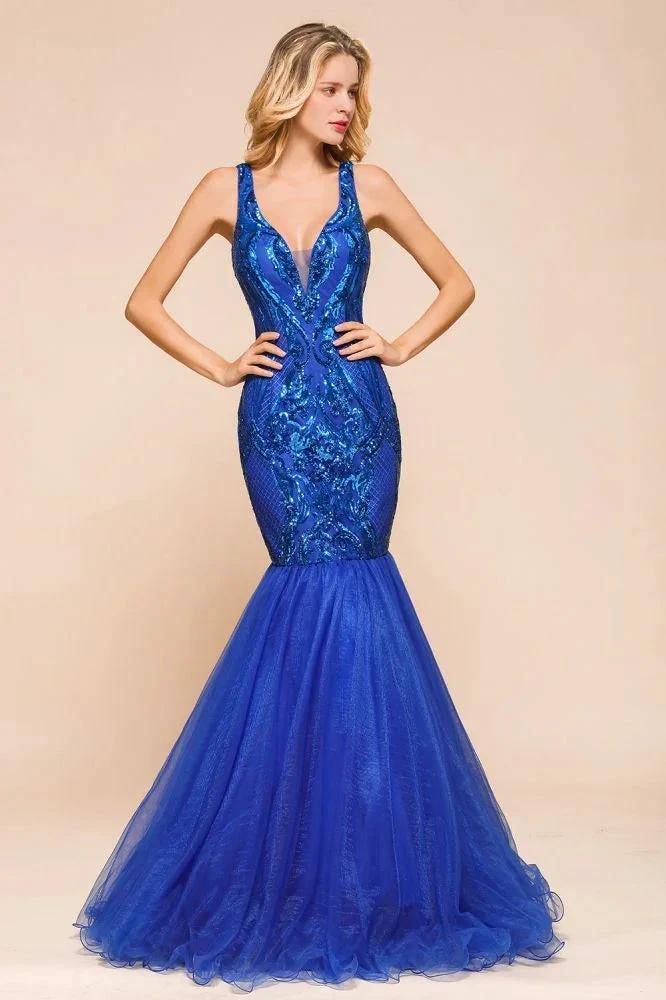 Stylish V-Neck Sparkly Sequined Mermaid Prom Dress Sleeveless Floor Length Ruffy Evening Gown by misshow.com