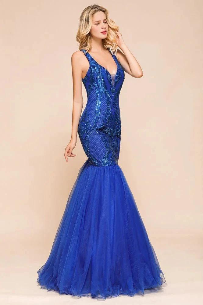 Stylish V-Neck Sparkly Sequined Mermaid Prom Dress Sleeveless Floor Length Ruffy Evening Gown by misshow.com