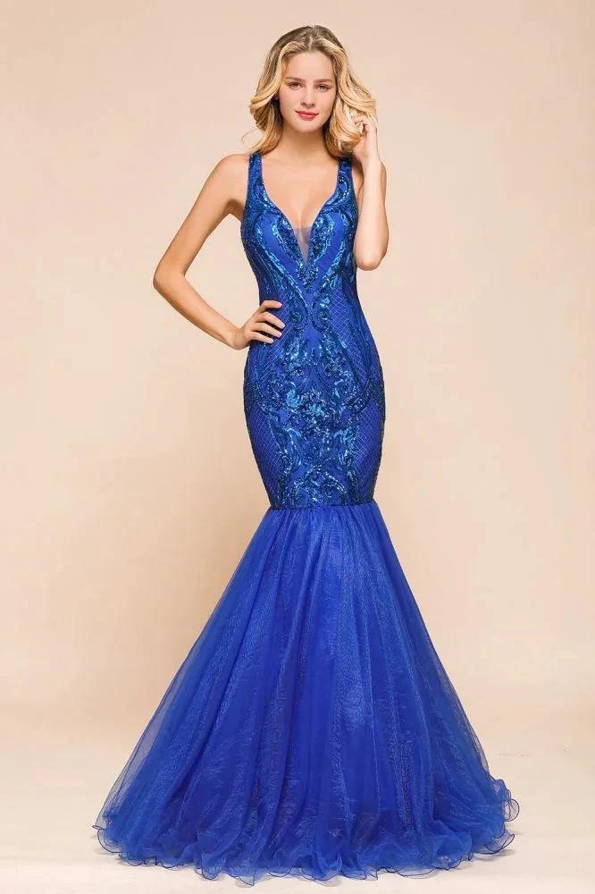 Stylish V-Neck Sparkly Sequined Mermaid Prom Dress Sleeveless Floor Length Ruffy Evening Gown by misshow.com