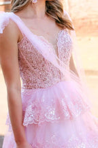 Thelma | Light Blue Tulle Appliques Tying Strap Ruffle Tiered Long Prom Dress by KissProm