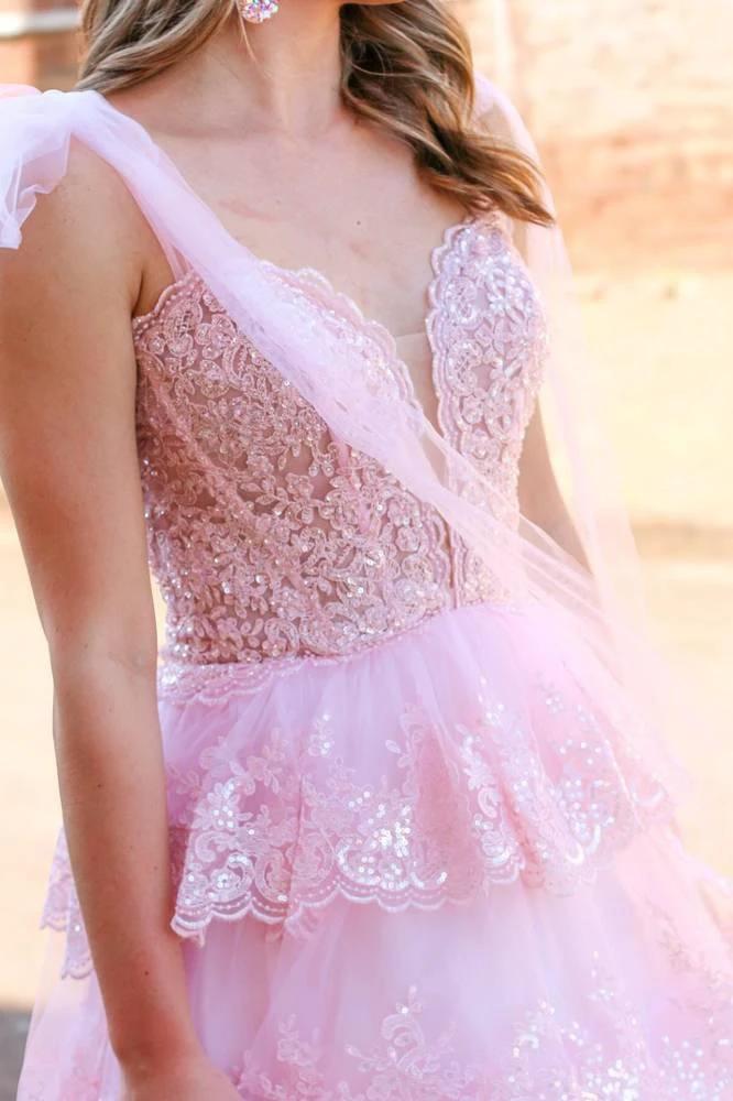 Thelma | Light Blue Tulle Appliques Tying Strap Ruffle Tiered Long Prom Dress by KissProm