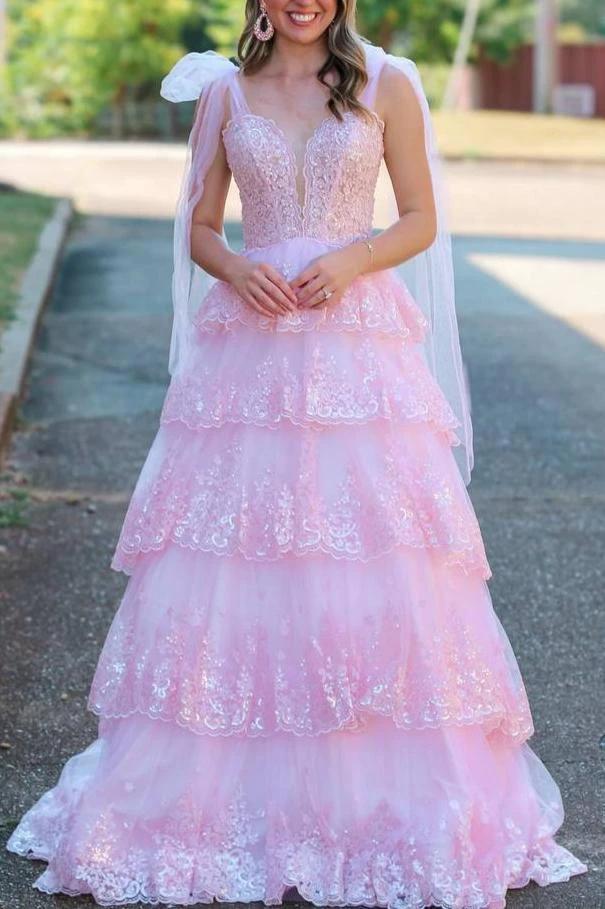 Thelma | Light Blue Tulle Appliques Tying Strap Ruffle Tiered Long Prom Dress by KissProm
