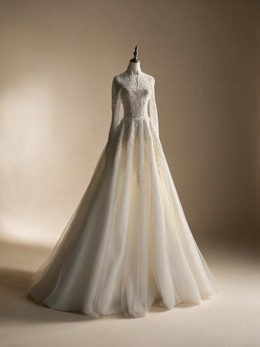 Luxury Sequin Pearl Long Sleeve Ball Gown Wedding Dress SW518 - Off White