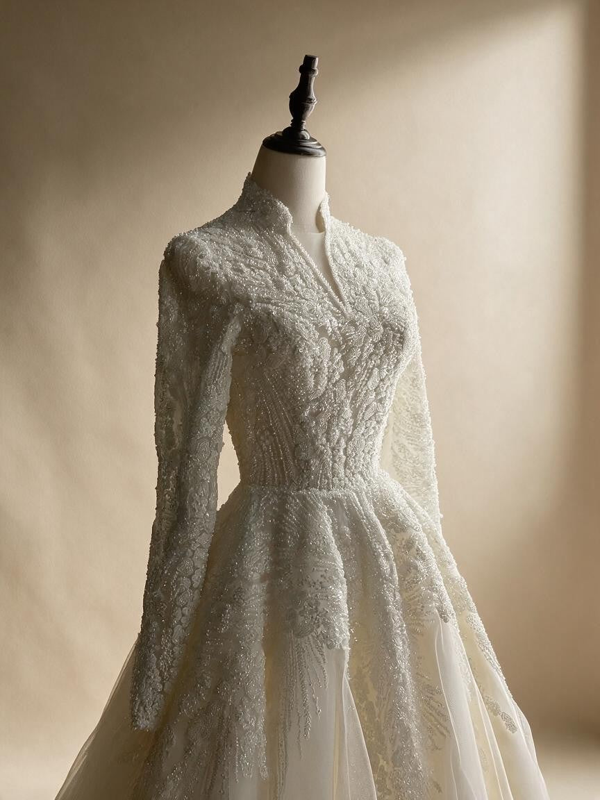 Luxury Sequin Pearl Long Sleeve Ball Gown Wedding Dress SW518