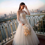 Elegant White Long Sheer Sleeve A-Line Tulle Wedding Dress with Lace Appliqués SW713