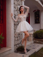 Elegant White Off-Shoulder Feather Lace Corset Mini Wedding Dress SW717