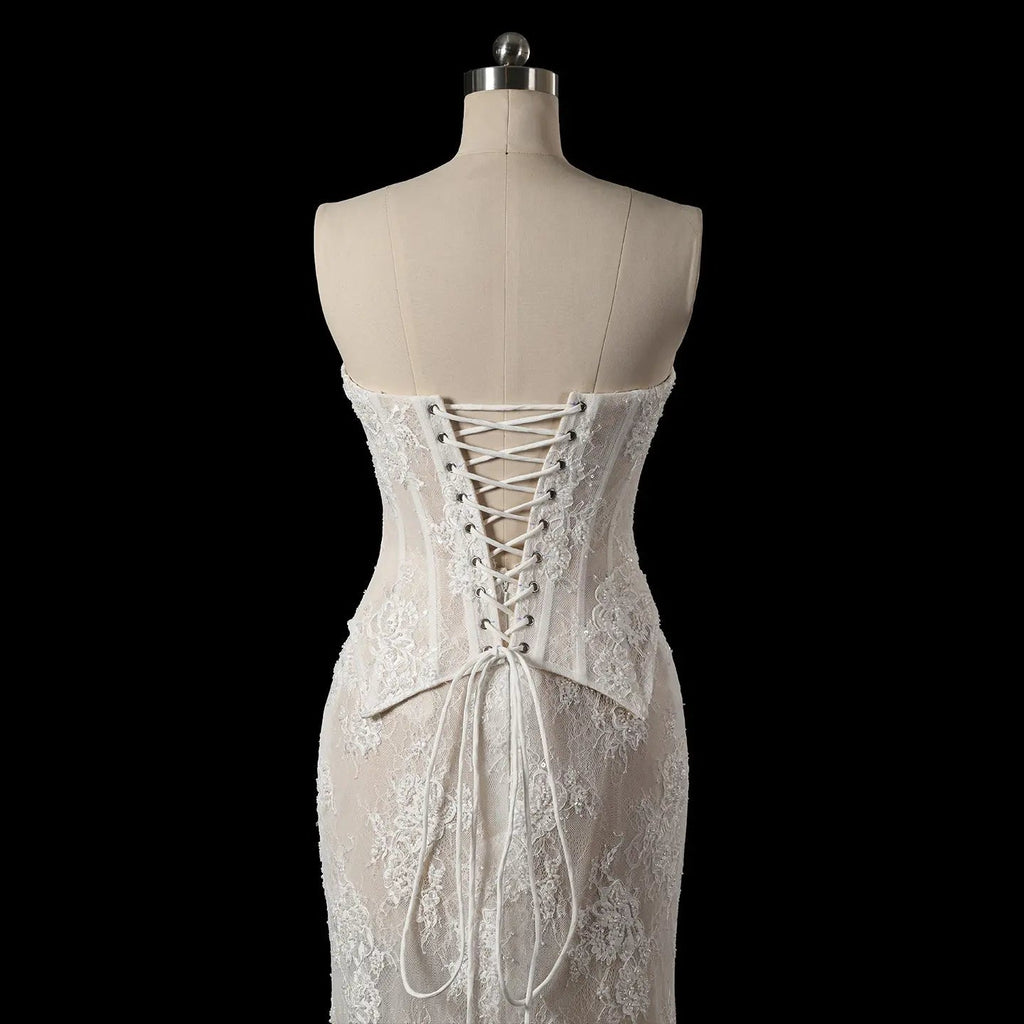 White Strapless Corset Lace Up Back Sheath Wedding Dress SW744