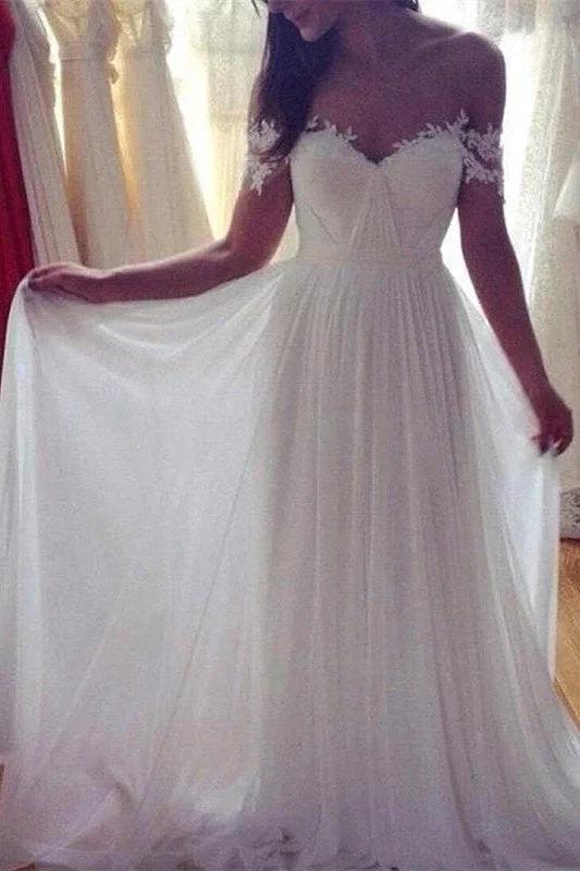 Sweep Train Chiffon Sleeveless Applique Lace Off-the-Shoulder Wedding Dress by misshow.com
