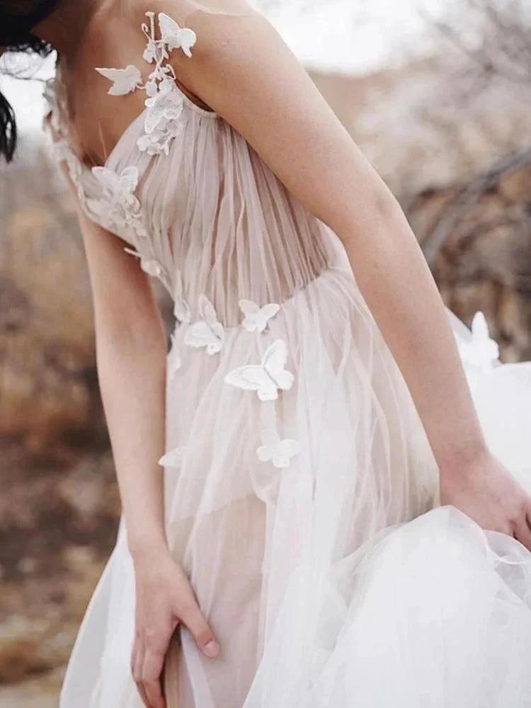 Sweet A-line V Neck Open Back Tulle Ivory Wedding Dresses with Appliques WD477 by pgmdress