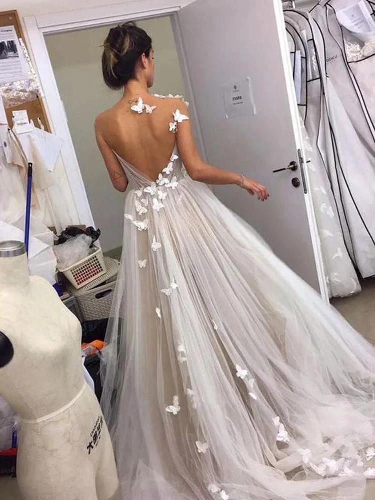 Sweet A-line V Neck Open Back Tulle Ivory Wedding Dresses with Appliques WD477 by pgmdress