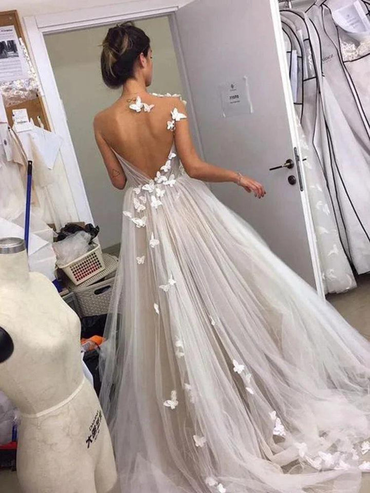 Sweet A-line V Neck Open Back Tulle Ivory Wedding Dresses with Appliques WD477 by pgmdress