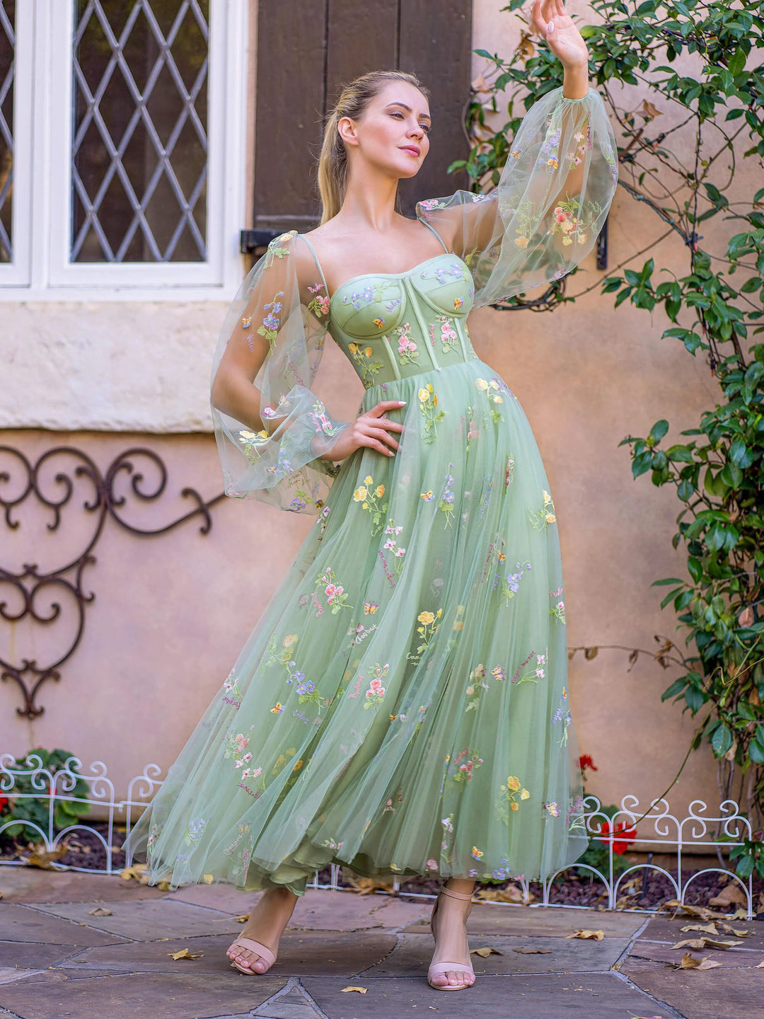 Sweetheart Embroidery Tea-Length Tulle Puff Sleeves Floral Corset Prom Dress by KissProm