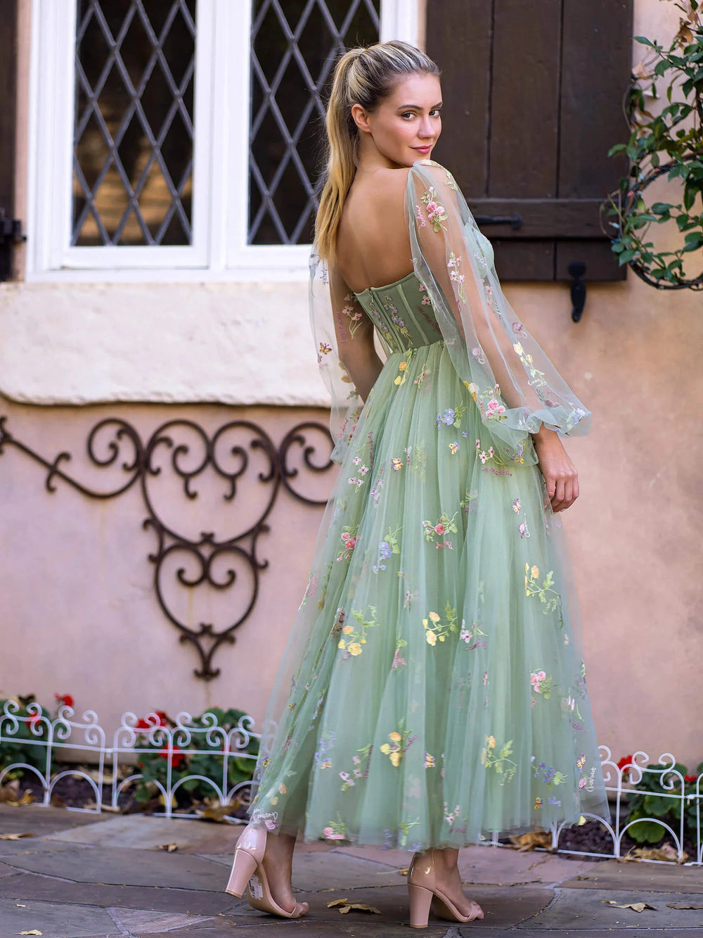 Sweetheart Embroidery Tea-Length Tulle Puff Sleeves Floral Corset Prom Dress by KissProm