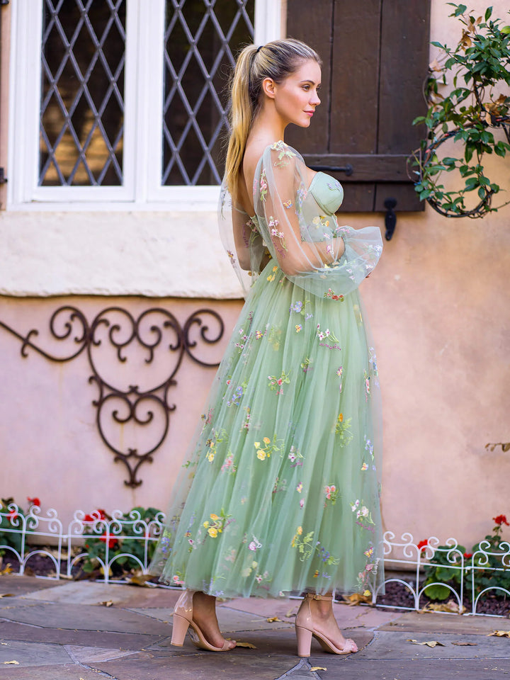 Sweetheart Embroidery Tea-Length Tulle Puff Sleeves Floral Corset Prom Dress by KissProm