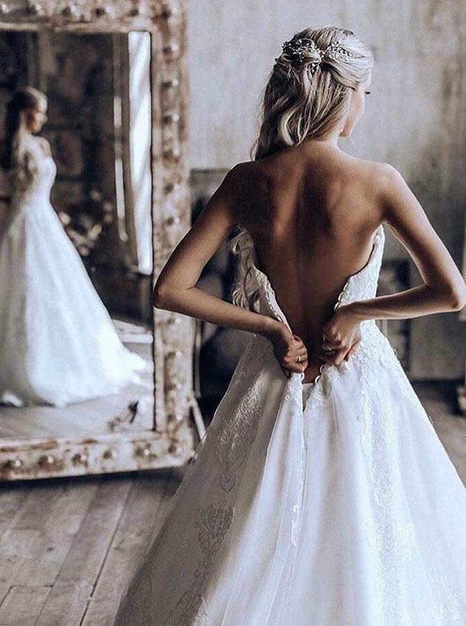 Sweetheart Ball Gown Sweep Train Tulle Wedding Dress with Appliques WD442 by pgmdress