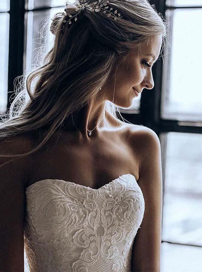 Sweetheart Ball Gown Sweep Train Tulle Wedding Dress with Appliques WD442 by pgmdress